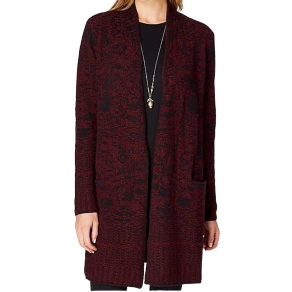 J. Jill Jacquard Burgundy & Black Patterned Longline Cardigan. Pockets. Size S.